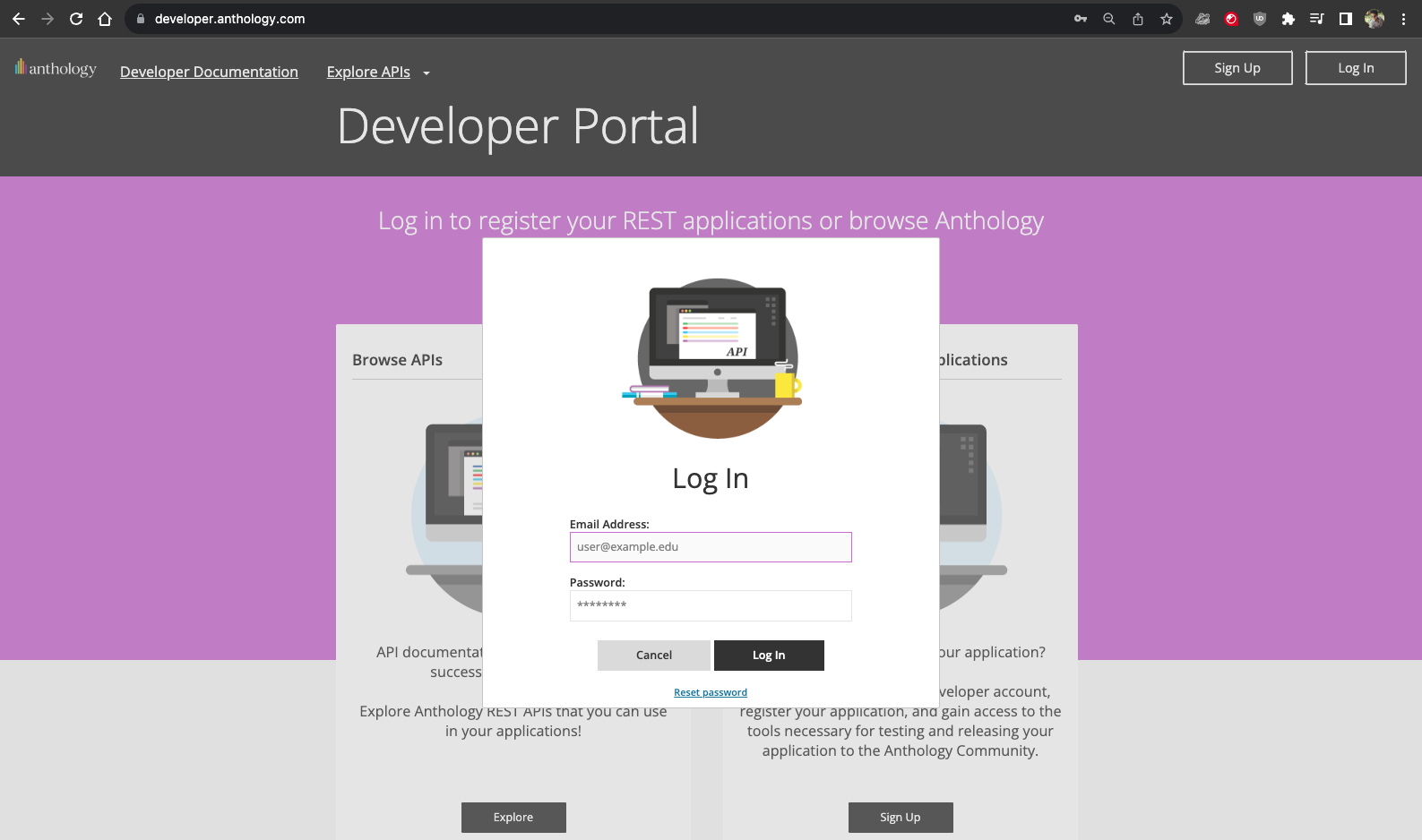 Developer portal login modal window