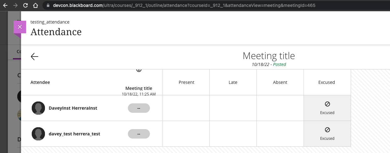 A meeting in Ultra course view all users with the same attendance status