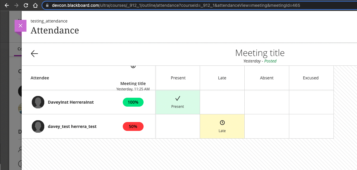 A meeting in Ultra course view all the meetings and attendance for one user marked with their status