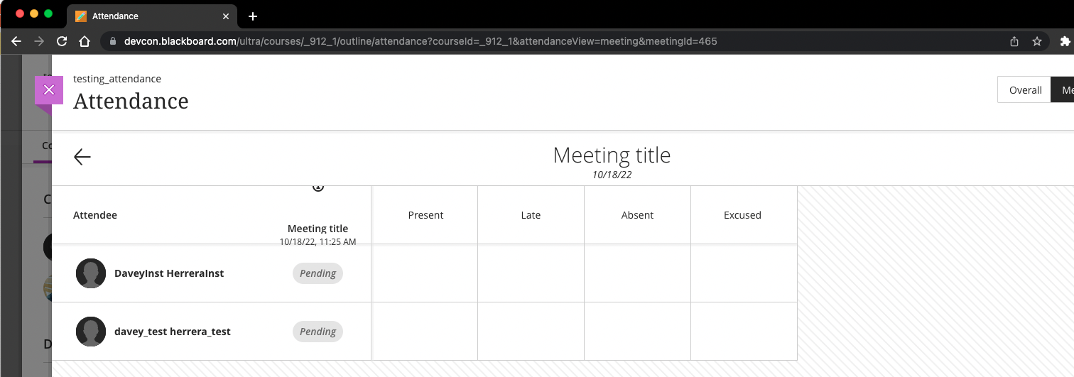 A meeting in Ultra course view all the meetings and attendance for one user marked with their status